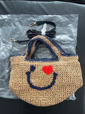 NWT MISAKO Woven Straw Crossbody Tote with Navy Trim and Red Heart Accent